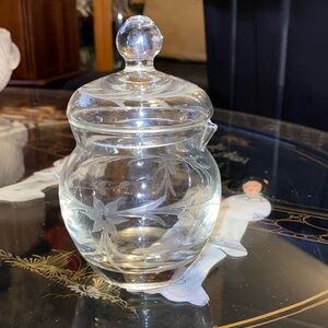 Beautiful Clear Glass Lidded creamer Jar with Frosted Floral Etching/Vintage